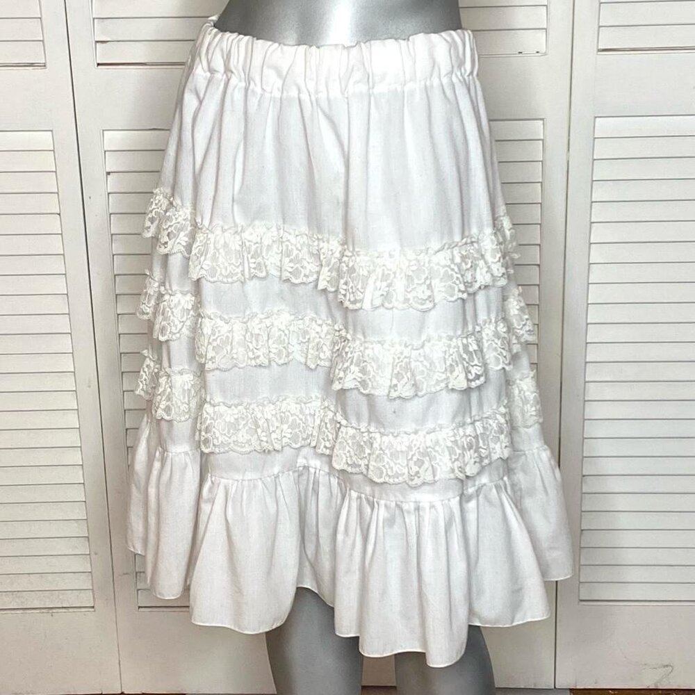 2000s JACKIE ROSE White Tiered Lace Trim Cotton Mid-Length Skirt France T2 S - Picture 4 of 8